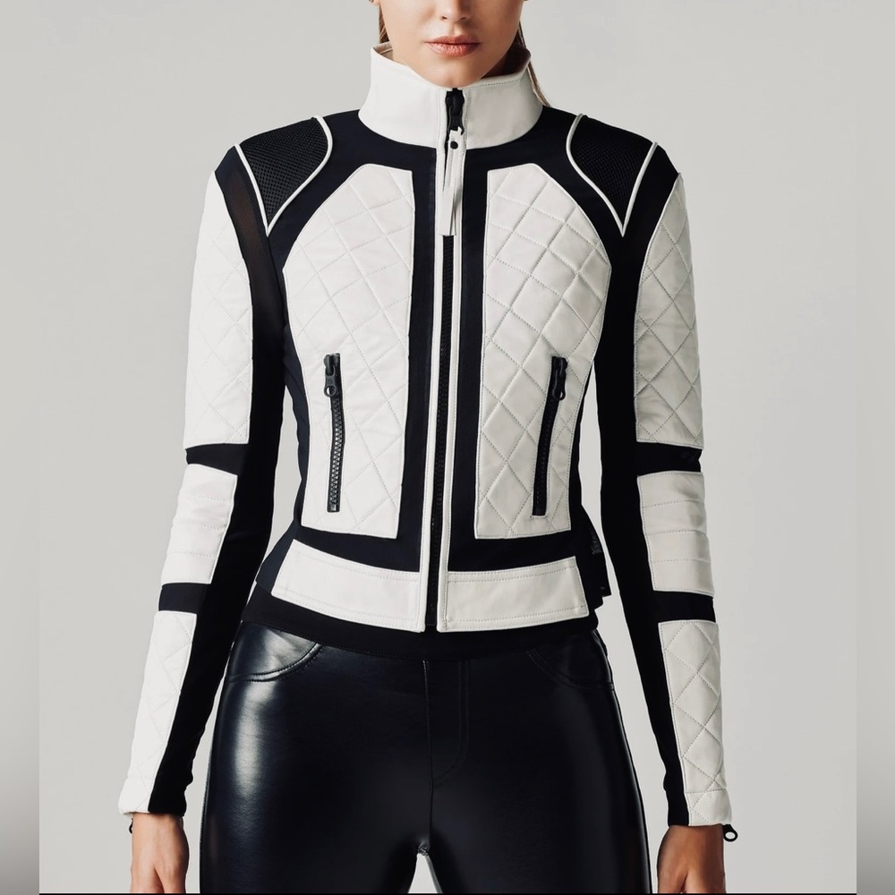 NEW Blanc Noir Leather Mesh Moto Jacket - Black & White - Women's Medium